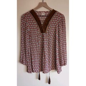 Wrangler Boho Peasant Blouse Medium Faux Suede Lace Up Tassel Western Prairie...